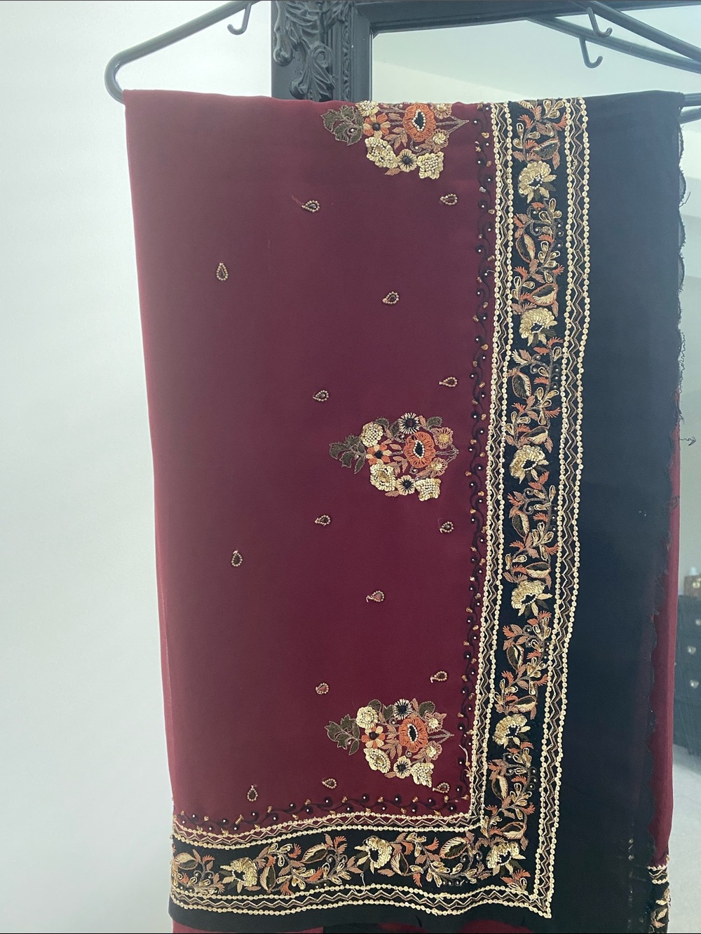 Embroidered Maroon & Black Saree with Floral Border